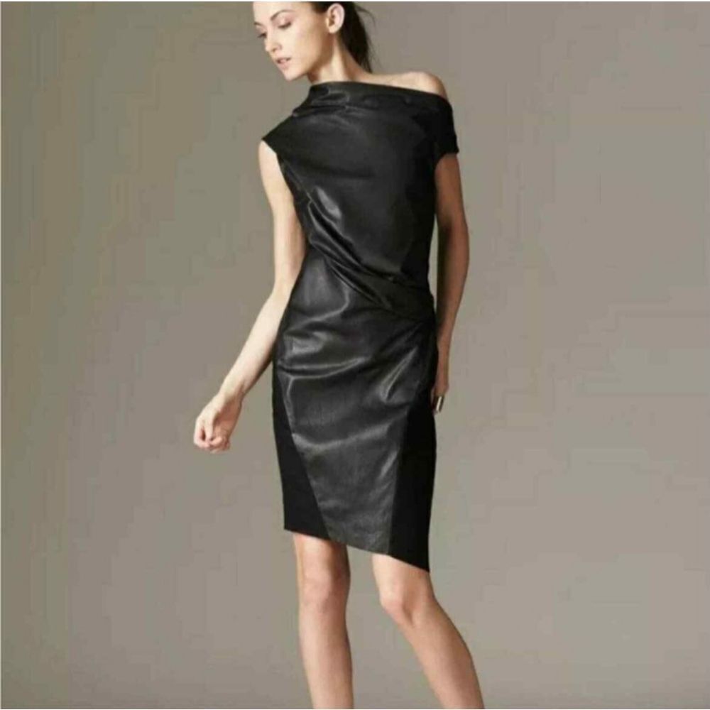 HELMUT LANG Leather Sheath asymmetrical black wool lamb leather Dresses size 4